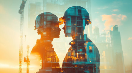 team engineer building construction project with architect people or construction worker working with modern civil equipment technology, double exposure graphic design. Building engineer,の素材