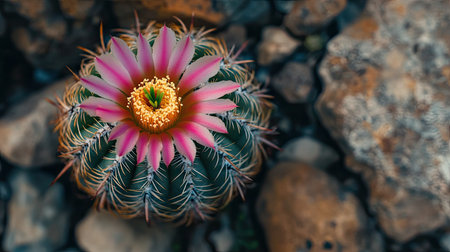 Top view of a blooming cactus flower in a desert landscape.の素材