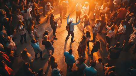 Top view of a country music concert with fans dancing and singing along.の素材