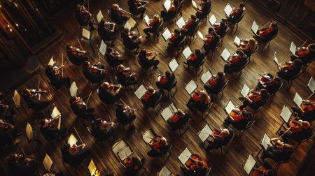 Top view of a classical music concert with a full orchestra and elegant setting. -の素材