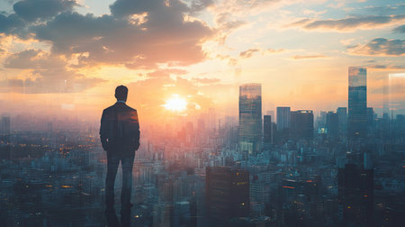 The double exposure image of the businessman standing back during sunrise overlay with cityscape image. The concept of modern life, business, city life and internet of things.の素材