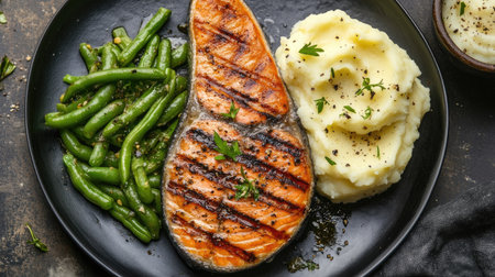 Top view of a grilled salmon steak with a side of mashed potatoes and green beans. -の素材