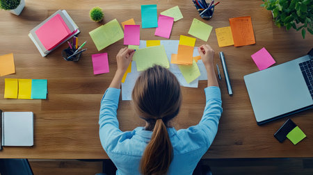 Top view of a businesswoman brainstorming with sticky notes on a wooden desk.の素材