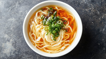 Top view of a bowl of rice noodles in a clear, flavorful broth with toppings.の素材