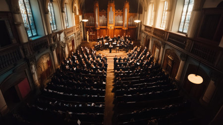 Top view of a choir concert in a church with an attentive audience.の素材