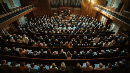 Top view of a choir concert in a church with an attentive audience.の素材