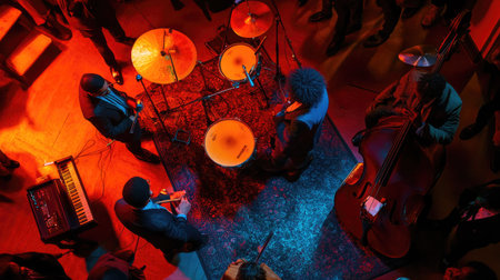 Top view of a blues concert with soulful musicians and a captivated audience.の素材