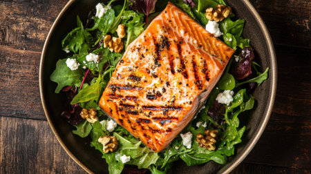 Top view of a grilled salmon salad with mixed greens, walnuts, and goat cheese.の素材