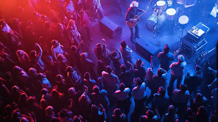 Top view of a country music concert with fans dancing and singing along.の素材