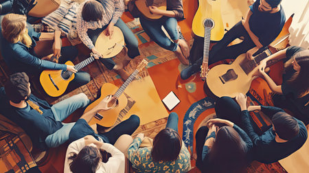Top view of a folk music concert with acoustic instruments and a relaxed audience. -の素材