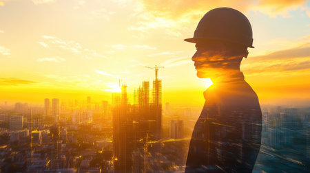 The double exposure image of the engineer standing back during sunrise overlay with cityscape image. The concept of engineering, construction, city life and future. -の素材