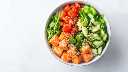 Top view of a delicious salmon poke bowl with fresh vegetables and sesame seeds.の素材