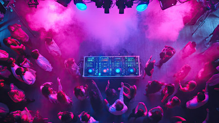 Top view of a DJ performance with a crowd dancing under colorful lights.の素材