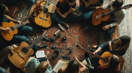 Top view of a folk music concert with acoustic instruments and a relaxed audience. -の素材