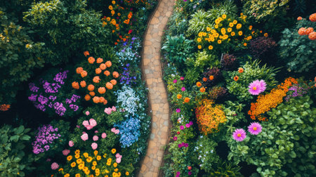 Top view of a garden path lined with colorful flowers in full bloom.の素材