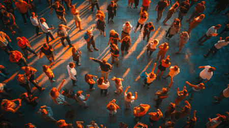 Top view of a country music concert with fans dancing and singing along.の素材