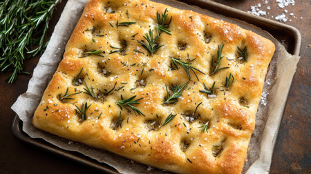 Top view of a focaccia bread topped with rosemary and sea salt.の素材
