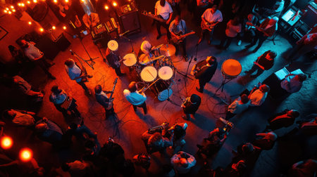 Top view of a blues concert with soulful musicians and a captivated audience.の素材