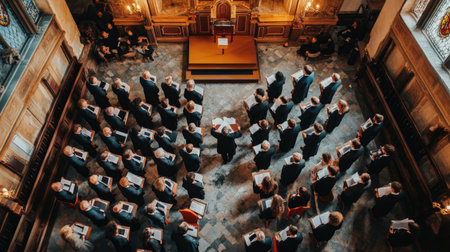 Top view of a choir concert in a church with an attentive audience.の素材