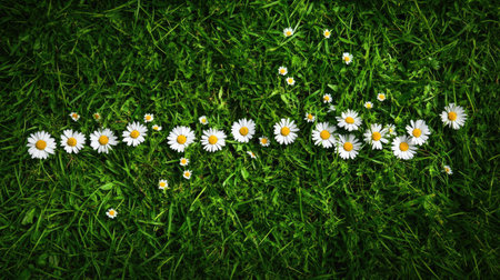 Top view of a daisy chain lying on green grass in a playful arrangement.の素材