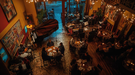 Top view of a jazz concert in a cozy venue with intimate seating and live band.の素材