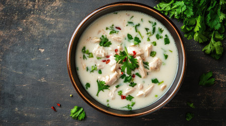 Top view of a bowl of Thai coconut soup (Tom Kha Gai) with chicken.の素材