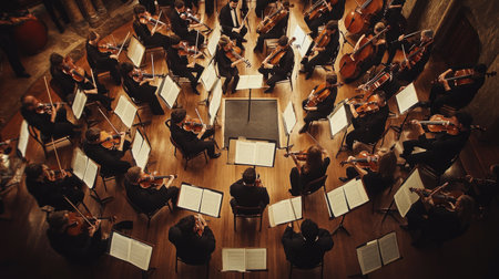 Top view of a classical music concert with a full orchestra and elegant setting. -の素材