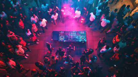 Top view of a DJ performance with a crowd dancing under colorful lights.の素材