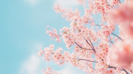 Top view of a blooming cherry blossom tree with pink flowers against a blue sky.の素材