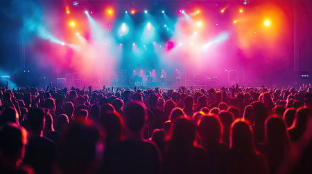 Top view of a packed concert hall with colorful stage lights and an enthusiastic crowd.の素材