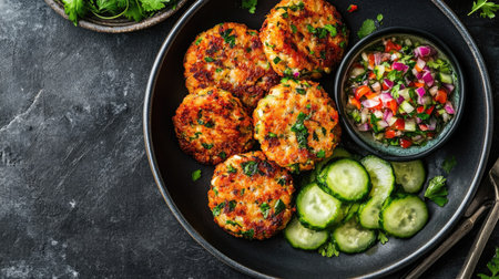 Top view of a dish of Thai fish cakes with a side of cucumber relish.の素材