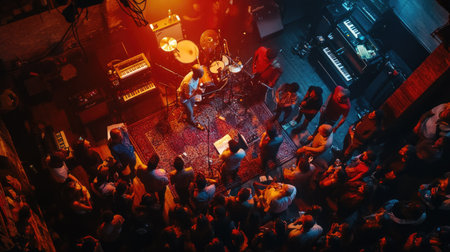 Top view of a blues concert with soulful musicians and a captivated audience.の素材