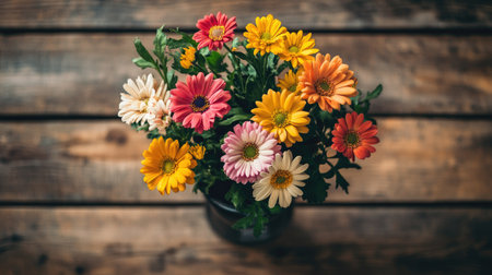 Top view of a mixed flower arrangement in a vase on a wooden table.の素材