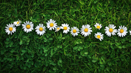 Top view of a daisy chain lying on green grass in a playful arrangement.の素材