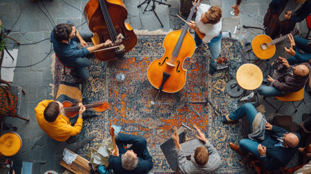 Top view of a folk music concert with acoustic instruments and a relaxed audience. -の素材