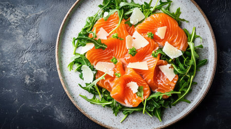 Top view of a plate with salmon carpaccio, arugula, and parmesan shavings.の素材