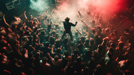 Top view of a punk rock concert with mosh pits and energetic fans.の素材