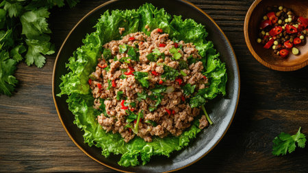 Top view of a serving of Larb (spicy minced meat salad) with fresh lettuce. -の素材