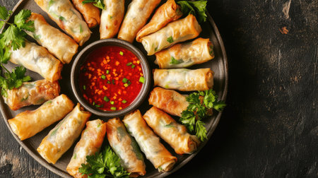 Top view of a platter of spring rolls with dipping sauce.の素材