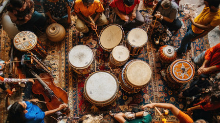 Top view of a world music concert with diverse instruments and an engaged crowd.の素材