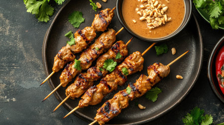 Top view of a plate of Thai satay skewers with peanut sauce.の素材