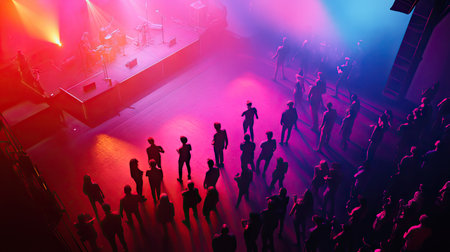 Top view of a pop concert with a vibrant stage and enthusiastic young fans.の素材