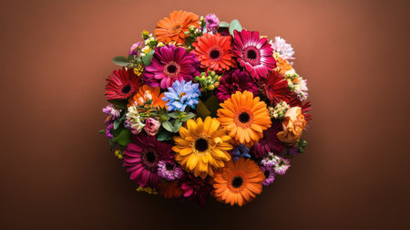 Top view of a vibrant bouquet of mixed flowers arranged in a circle.の素材