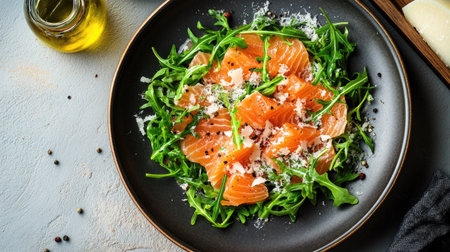 Top view of a plate with salmon carpaccio, arugula, and parmesan shavings.の素材