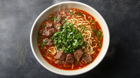 Top view of a steaming bowl of Thai boat noodles with beef and herbs.の素材