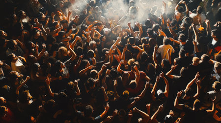 Top view of a punk rock concert with mosh pits and energetic fans.の素材