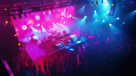 Top view of a pop concert with a vibrant stage and enthusiastic young fans.の素材