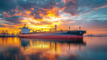 transportation of lpg gas tanker ship and ship port with beautiful skyの素材