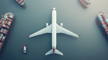 Transportation of cargo planes and container ships Global import and export industrial logistics business and transportation concept white backgroundの素材