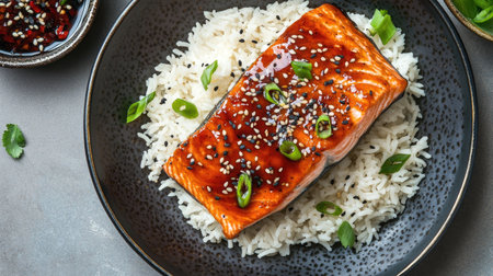 Top view of a salmon fillet with a teriyaki glaze, served with jasmine rice.の素材